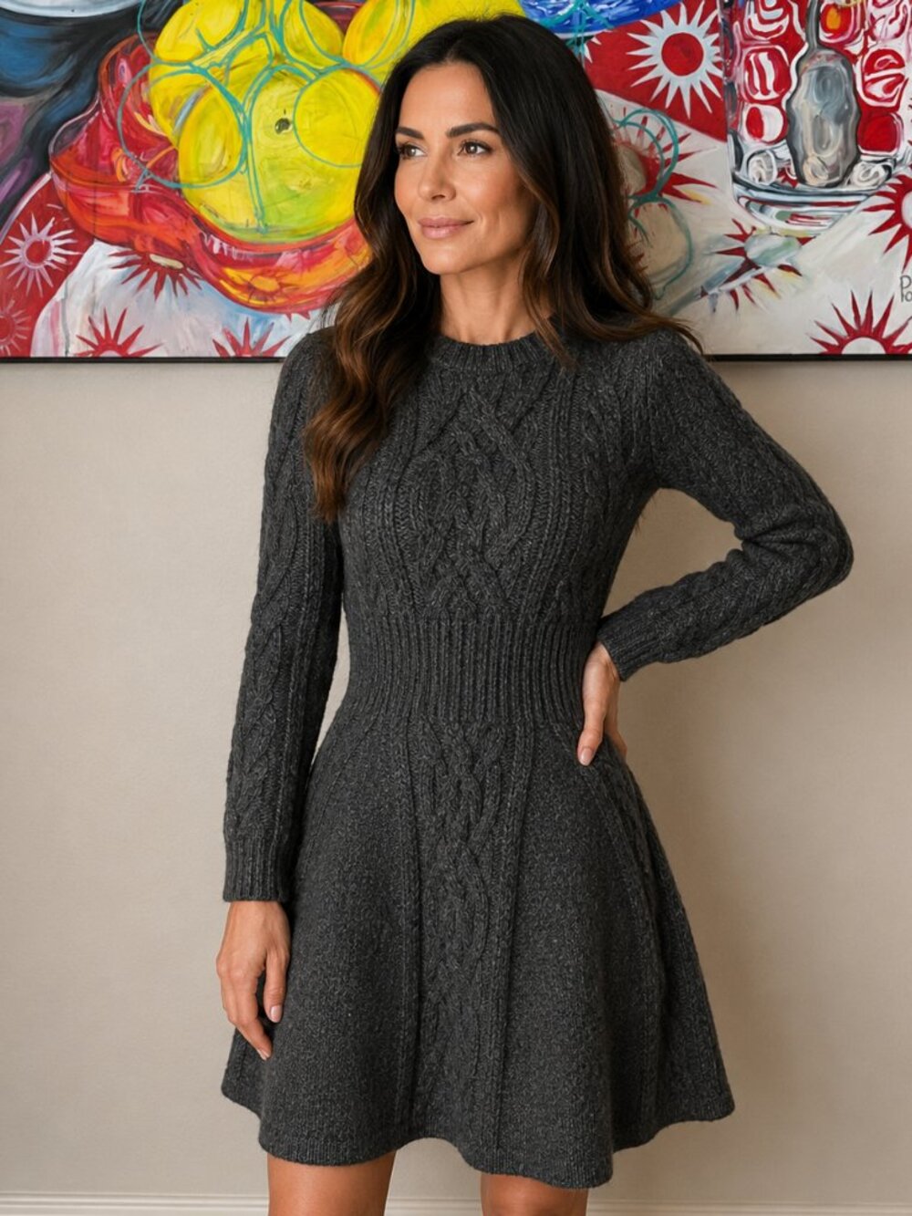 Louis Vuitton Alpaca Wool Gray Cable Knit Fit Flare Sweater Dress